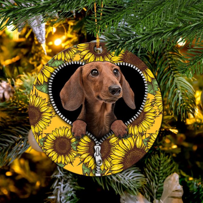 Brown Dachshund Sunflower Zipper Ceramic Circle Ornament Perfect Gift For Christmas Holiday - Image 2
