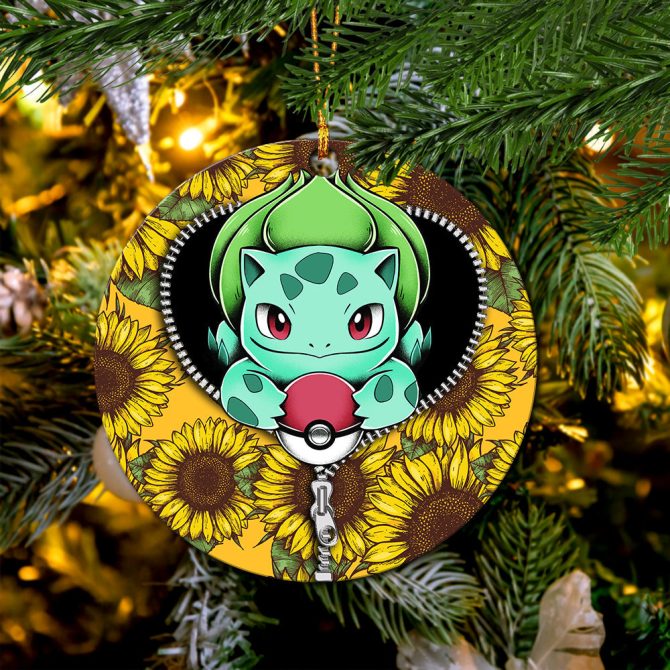 Bulbasaur Pokemon Sunflower Zipper Ceramic Circle Ornament Perfect Gift For Christmas Holiday - Image 2