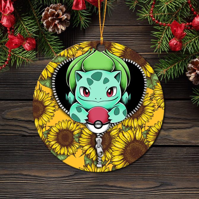 Bulbasaur Pokemon Sunflower Zipper Ceramic Circle Ornament Perfect Gift For Christmas Holiday