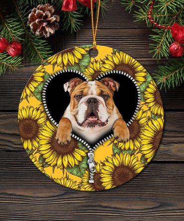 Bull Dog Sunflower Zipper Ceramic Circle Ornament Perfect Gift For Christmas Holiday