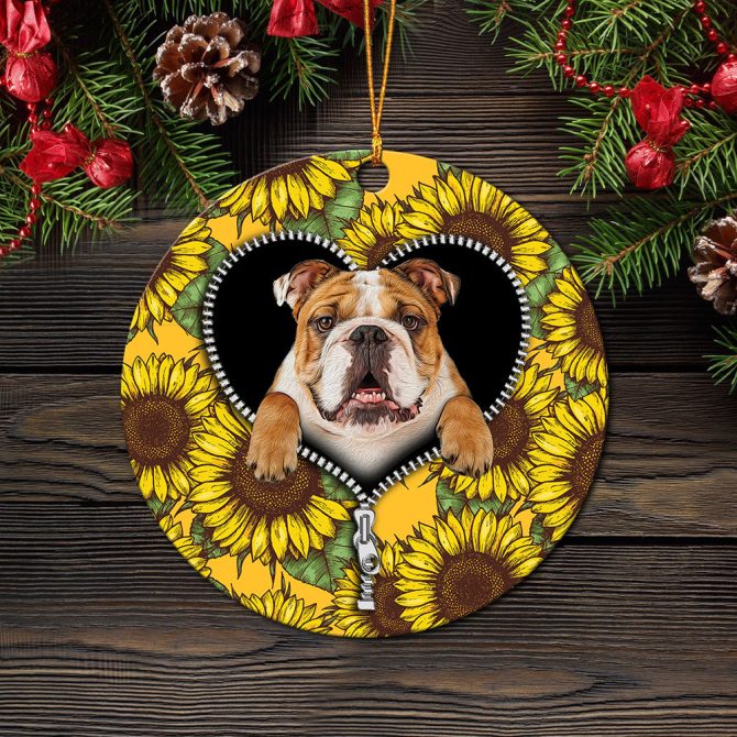 Bull Dog Sunflower Zipper Ceramic Circle Ornament Perfect Gift For Christmas Holiday