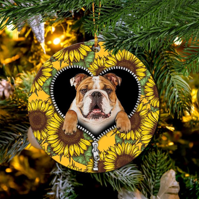 Bull Dog Sunflower Zipper Ceramic Circle Ornament Perfect Gift For Christmas Holiday - Image 2