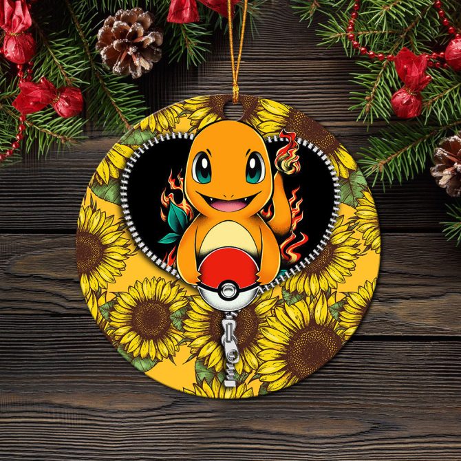 Charmander Pokemon Sunflower Zipper Ceramic Circle Ornament Perfect Gift For Christmas Holiday