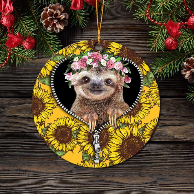Cue Sloth Sunflower Zipper Ceramic Circle Ornament Perfect Gift For Christmas Holiday