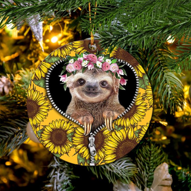 Cue Sloth Sunflower Zipper Ceramic Circle Ornament Perfect Gift For Christmas Holiday - Image 2