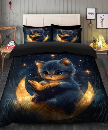 Cute Kitty Reading On A Crescent Moon Bedding Set Duvet Cover And 2 Pillowcases