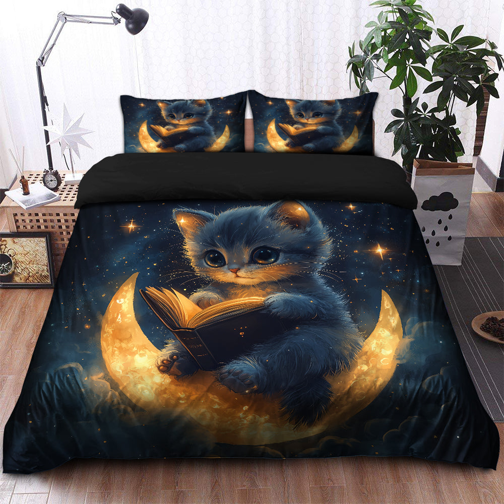 Cute Kitty Reading On A Crescent Moon Bedding Set Duvet Cover And 2 Pillowcases - Image 2