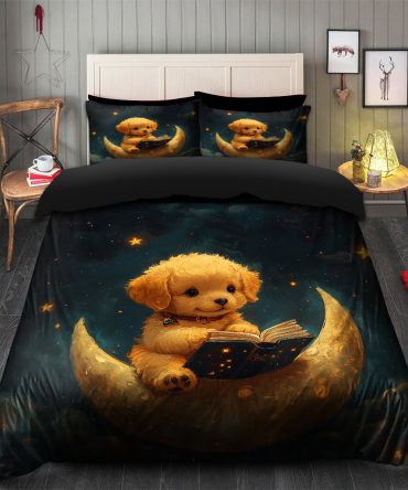 Cute Puppy Reading On A Crescent Moon Bedding Set Duvet Cover And 2 Pillowcases