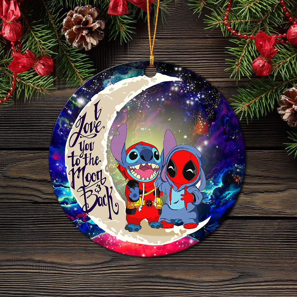 Cute Deadpool And Stitch Love You To The Moon Galaxy Ceramic Circle Ornament Perfect Gift For Christmas Holiday