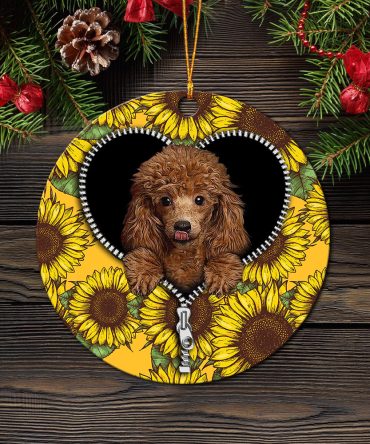Cute Dog Poodle Sunflower Zipper Ceramic Circle Ornament Perfect Gift For Christmas Holiday