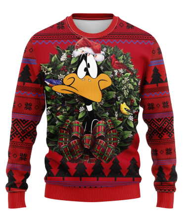 Festive Daffy Duck Ugly Christmas Sweater Holiday Wreath Design, Red & Cozy Knit
