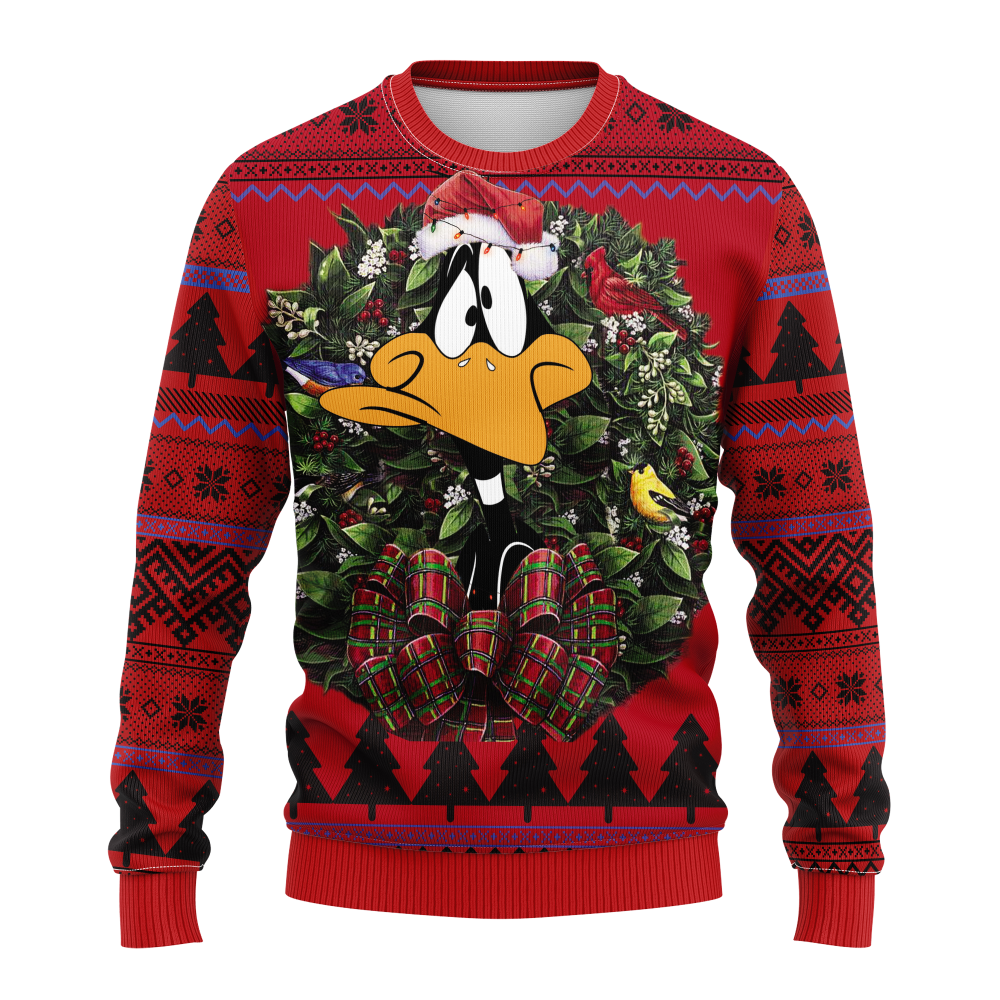 Festive Daffy Duck Ugly Christmas Sweater Holiday Wreath Design, Red & Cozy Knit