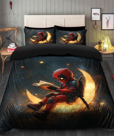Deadpool Reading On A Crescent Moon Bedding Set Duvet Cover And 2 Pillowcases