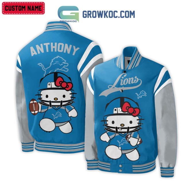 Custom Name Detroit Lions Hello Kitty Varsity Jacket - Cute & Sporty Fan Gear