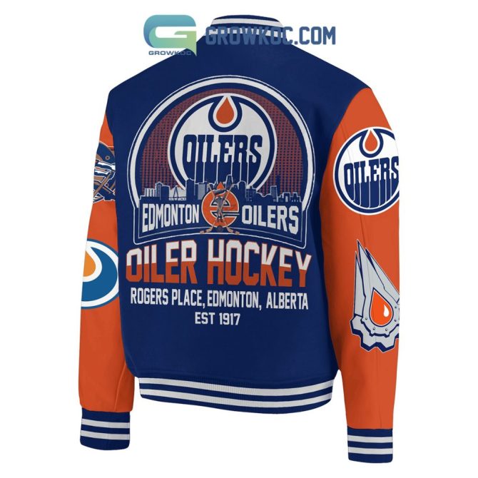 Edmonton Oilers Varsity Jacket - Stylish Blue & Orange Hockey Fan Gear - Image 2