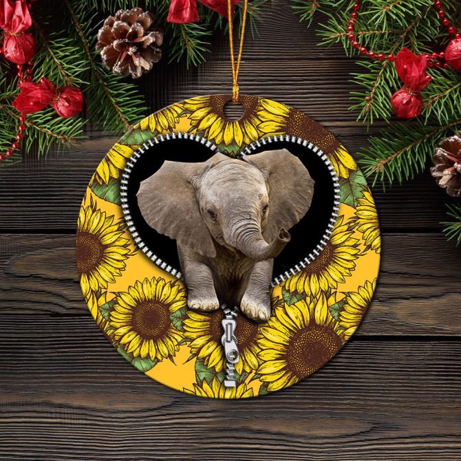 Elephant Sunflower Zipper Ceramic Circle Ornament Perfect Gift For Christmas Holiday