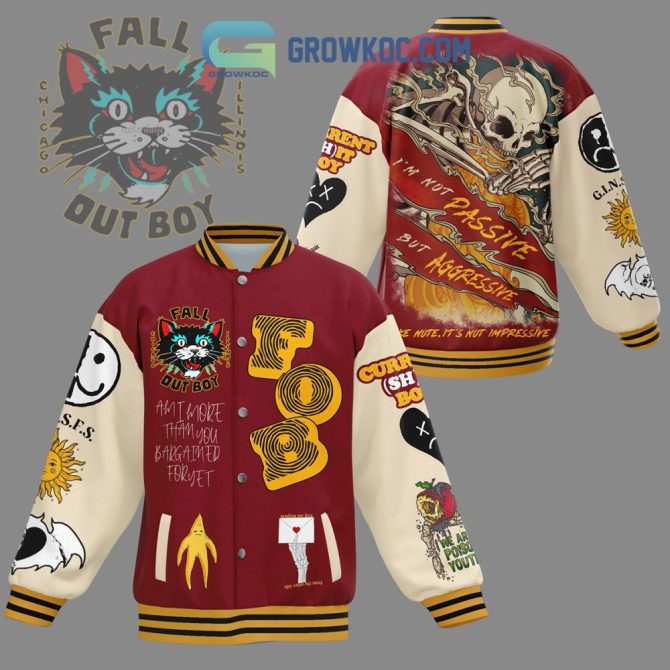 Fall Out Boy Vintage Varsity Jacket - Unique Graphic Design, Red & Cream Bomber