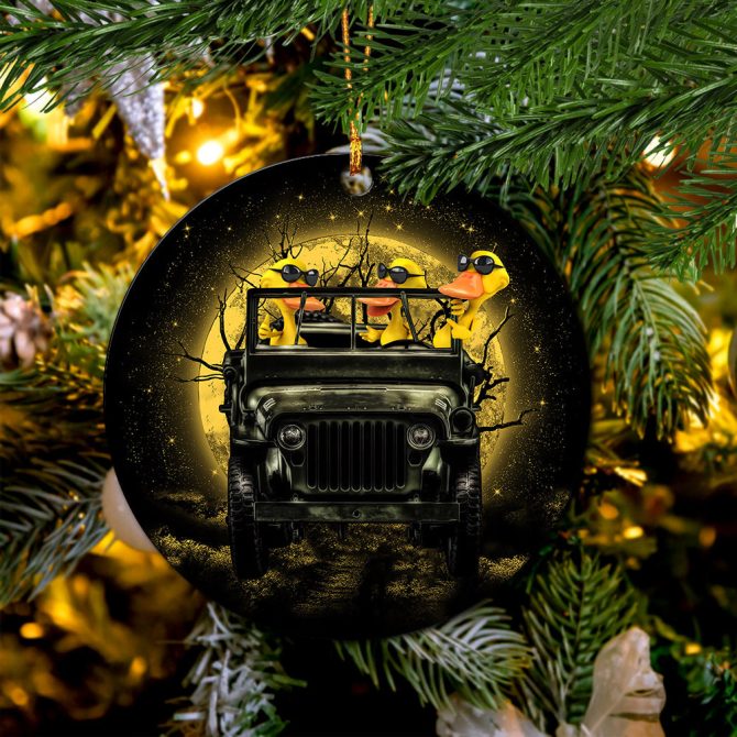 Funny Ducks Drive Jeep Funny Halloween Moonlight Ceramic Circle Ornament Perfect Gift For Christmas Holiday
