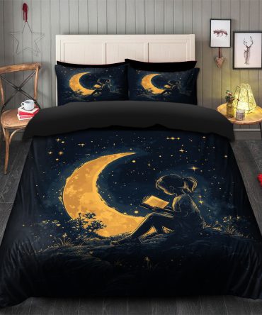 Girl Reading On A Crescent Moon Bedding Set Duvet Cover And 2 Pillowcases