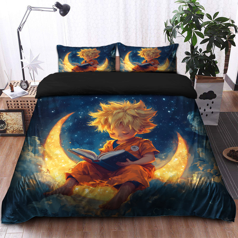 Goku Reading On A Crescent Moon Bedding Set Duvet Cover And 2 Pillowcases - Image 2