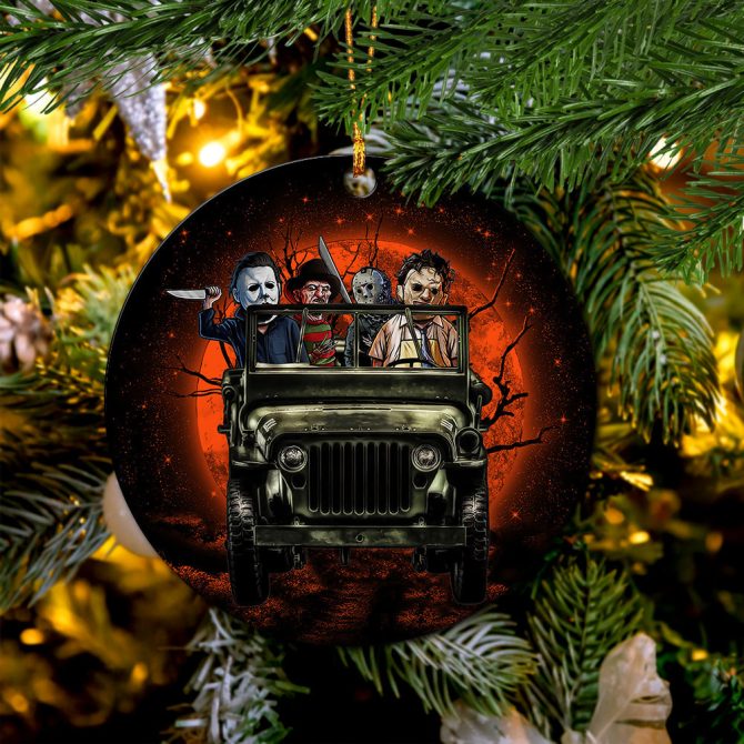 Halloween Horro Movie Ride Jeep Funny Ceramic Circle Ornament Perfect Gift For Christmas Holiday