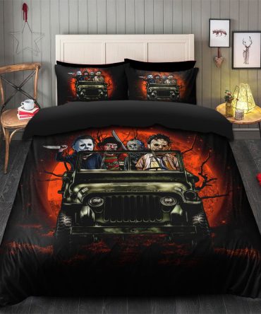 Halloween Horror Movies Ride Jeep Funny Moonlight Bedding Set Duvet Cover And 2 Pillowcases