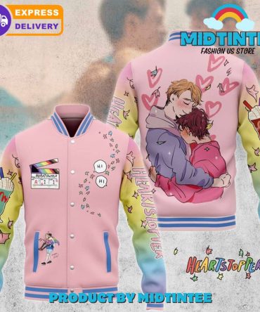 Colorful Heartstopper Varsity Jacket - Cute Cartoon Design, Fast Delivery!