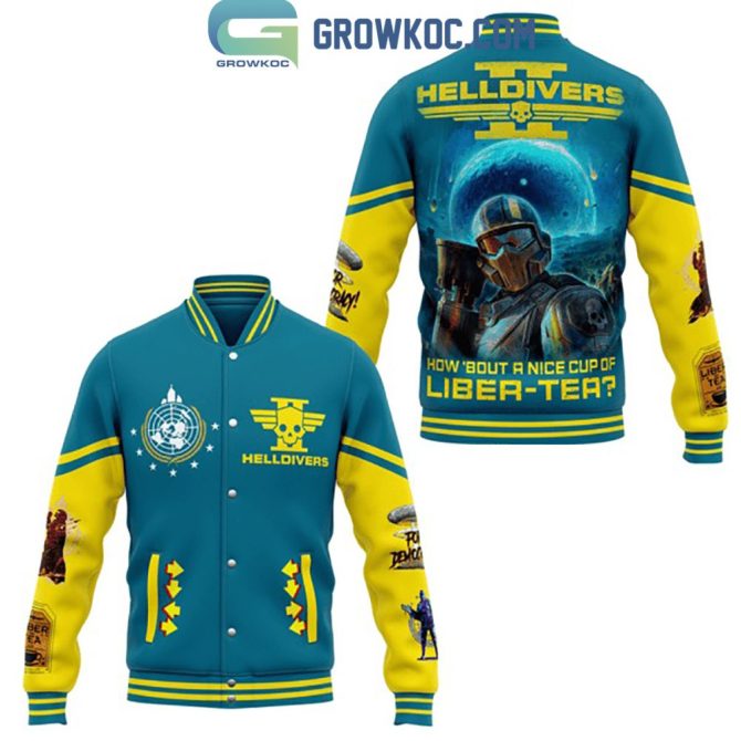 Bold Helldivers Varsity Jacket - Vibrant Blue & Yellow, Unique Design, Perfect For Gamers