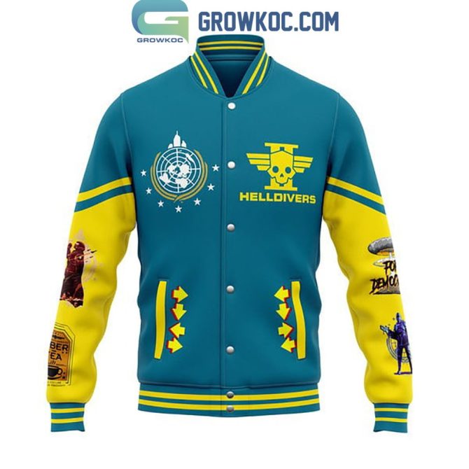Bold Helldivers Varsity Jacket - Vibrant Blue & Yellow, Unique Design, Perfect For Gamers - Image 2