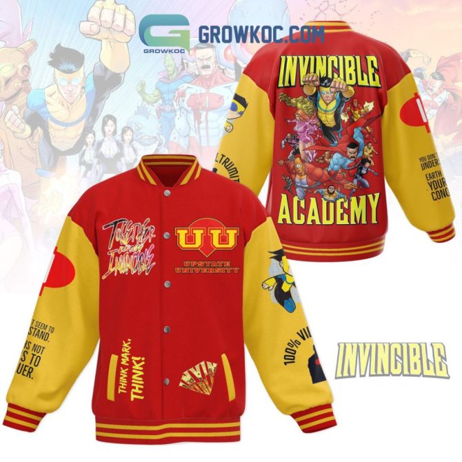 Invincible Academy Varsity Jacket - Vibrant Red & Yellow Superhero Design