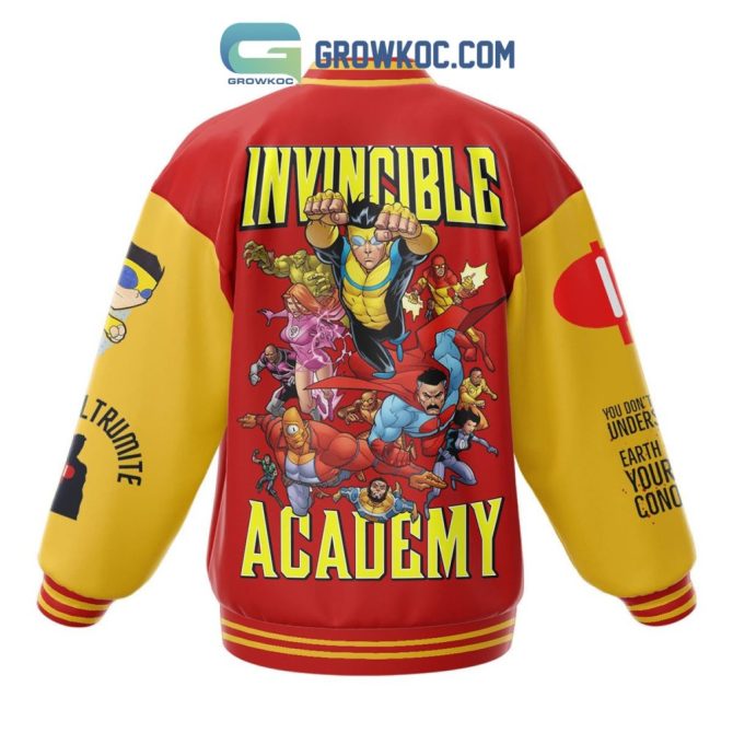 Invincible Academy Varsity Jacket - Vibrant Red & Yellow Superhero Design - Image 3