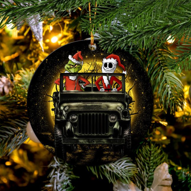 Jack Nightmare Before Christmas And Grinch Ride Jeep Moonlight Hallowwen Ceramic Circle Ornament Perfect Gift For Christmas Holiday