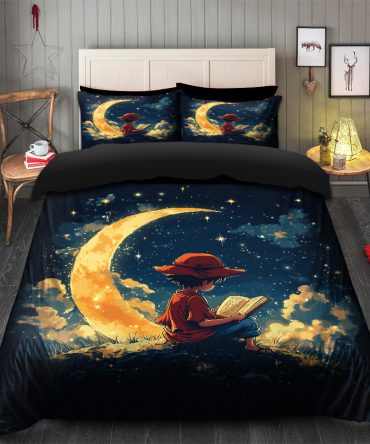 Luffy Reading On A Crescent Moon Bedding Set Duvet Cover And 2 Pillowcases