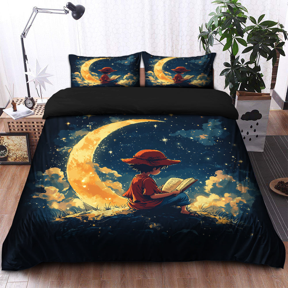 Luffy Reading On A Crescent Moon Bedding Set Duvet Cover And 2 Pillowcases - Image 2