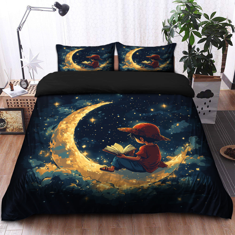 Luffy One Peace Reading On A Crescent Moon Bedding Set Duvet Cover And 2 Pillowcases - Image 2