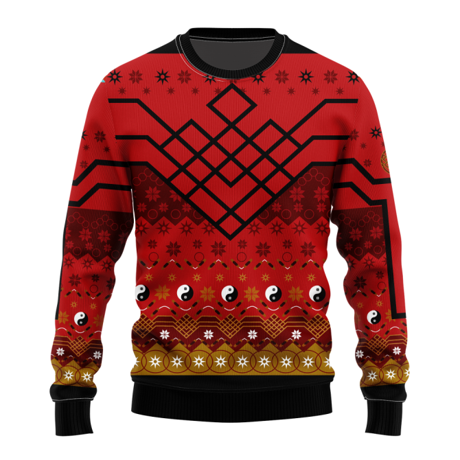 Cozy Red Geometric Sweater - Unique Holiday Design With Yin Yang Pattern