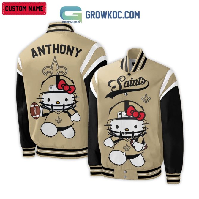Custom Name Hello Kitty Saints Varsity Jacket - Cute Nfl Fan Gear