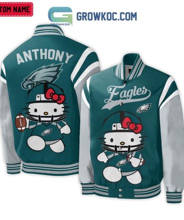 Custom Name Eagles Varsity Jacket - Cute Kitty Football Design, Perfect Gift