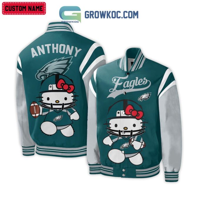 Custom Name Eagles Varsity Jacket - Cute Kitty Football Design, Perfect Gift