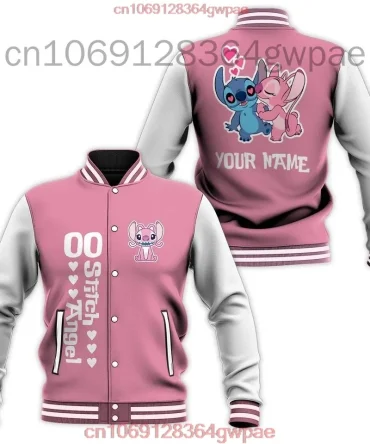 Custom Pink Stitch & Angel Varsity Jacket - Personalized Name, Cute Cartoon Design