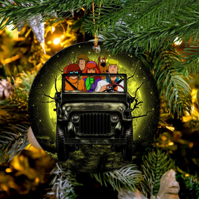 Scooby Doo Funny Drive Jeep Moonlight Halloween Ceramic Circle Ornament Perfect Gift For Christmas Holiday