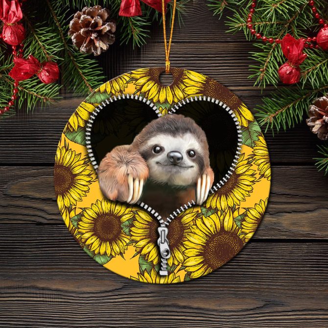 Sloth Cute Sunflower Zipper Ceramic Circle Ornament Perfect Gift For Christmas Holiday - Image 2