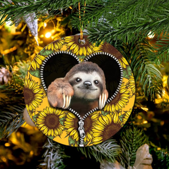 Sloth Cute Sunflower Zipper Ceramic Circle Ornament Perfect Gift For Christmas Holiday