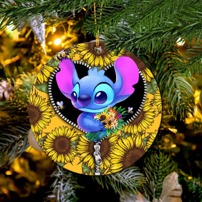 Stitch Sunflower Zipper Ceramic Circle Ornament Perfect Gift For Christmas Holiday