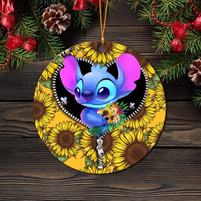 Stitch Sunflower Zipper Ceramic Circle Ornament Perfect Gift For Christmas Holiday - Image 2