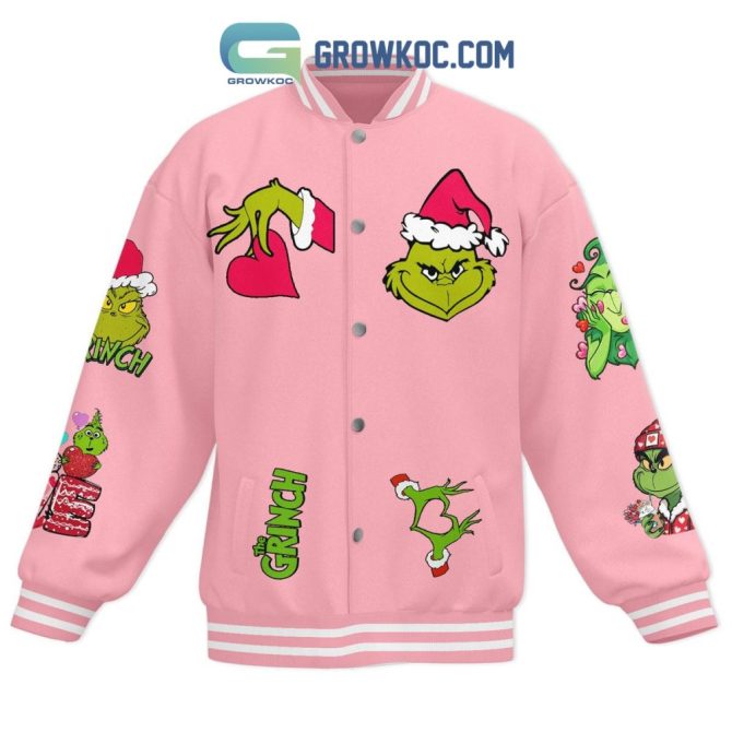 Grinch Valentine'S Pink Varsity Jacket - Cute Heart Design, Perfect Gift Apparel! - Image 3
