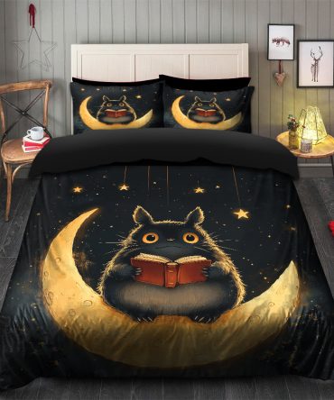 Totoro Reading On A Crescent Moon Bedding Set Duvet Cover And 2 Pillowcases