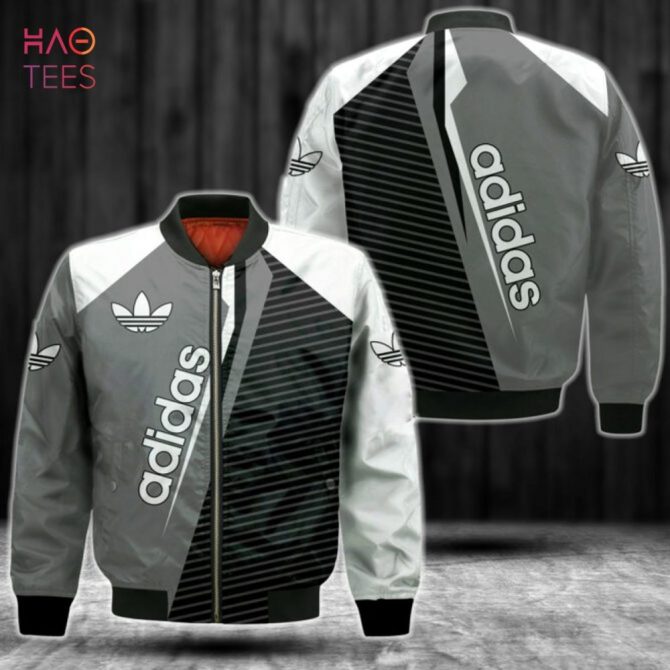 Best Adidas Luxury Brand Grey Mix Black Stripe Bomber Jacket Limited Edition - Image 2
