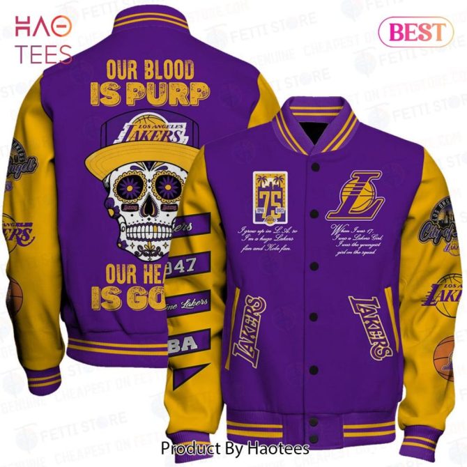 Bold Lakers Varsity Jacket - Purple & Gold Skull Design, Perfect For Fans!