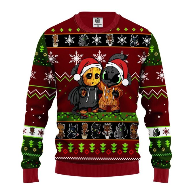 Baby Groot And Toothless Unicorn Christmas Sweater Brown Green 1 Amazing Gift Idea Thanksgiving Gift - Image 3